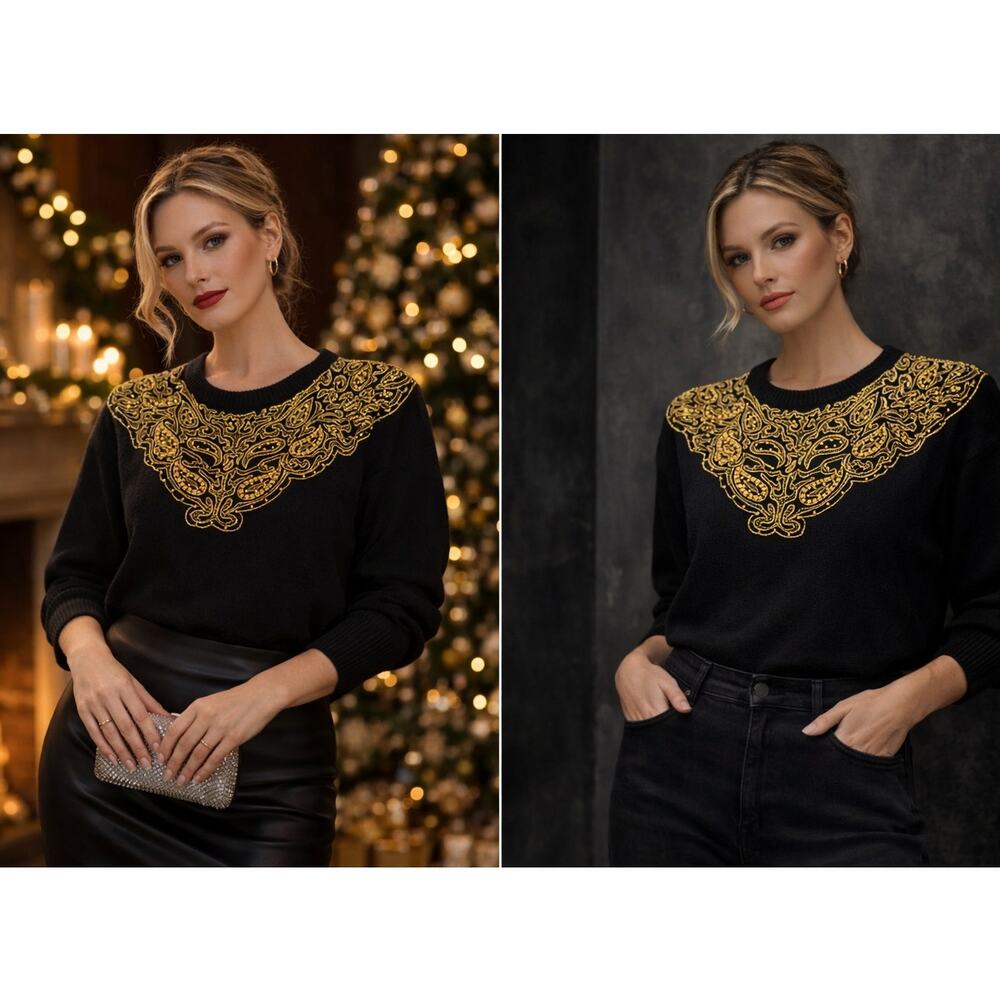 Vintage Victoria Harbour Gold Beaded Sweater S Black 90s Glam Statement Knit Top